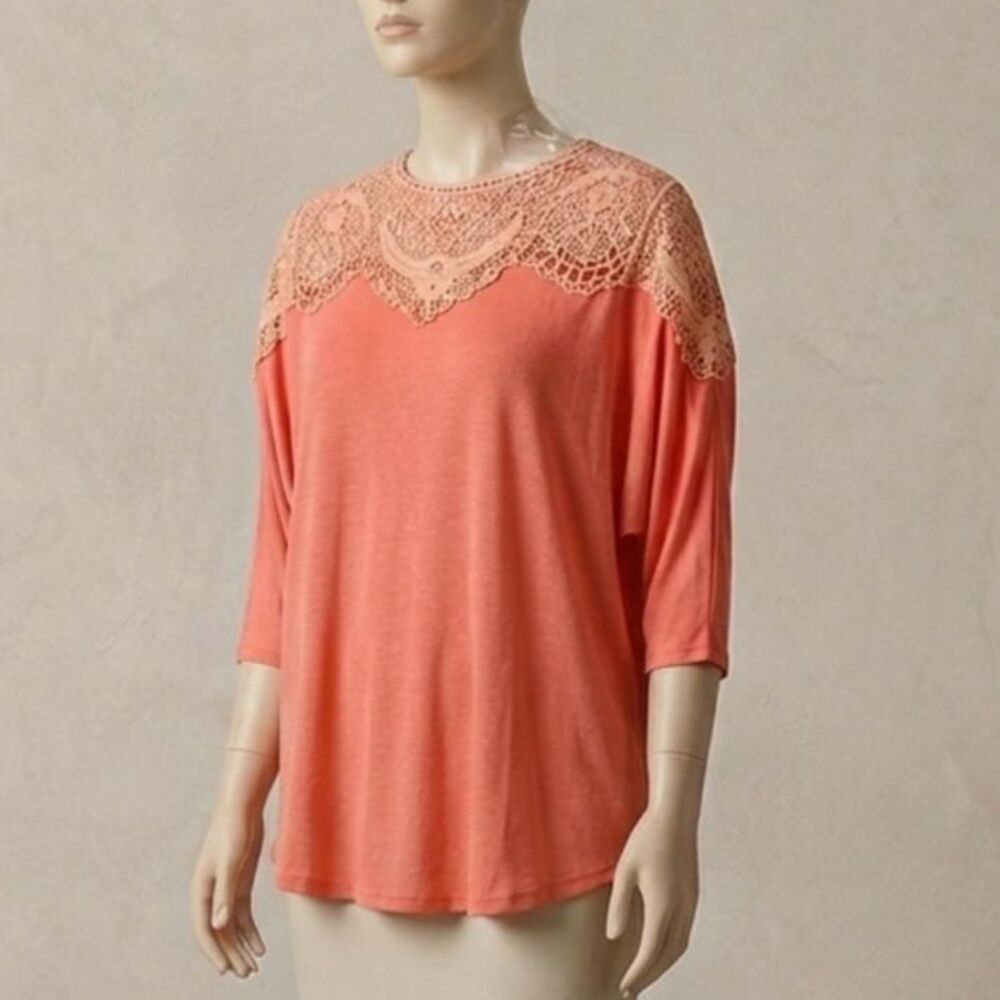 Miami Coral Orange Dolman Sleeve Lace Tunic Top Back Keyhole Size Large LG